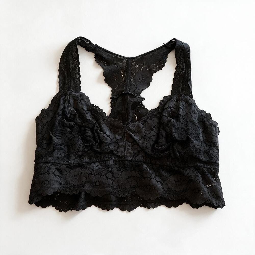 Black Bow Womens Size Large L Black Floral Lace Racerback Bralette Lingerie EUC
